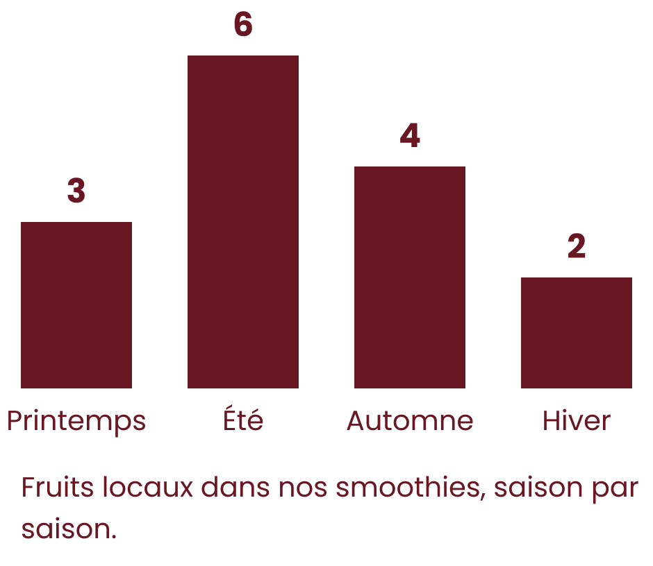 Ce graphique de 4 barres illustre les fruits locaux de saison de nos smoothies. La barre printemps compte 3 fruits, en été il y a 6 fruits disponibles, en automne nous avons 4 fruits et 2 fruits en hiver.